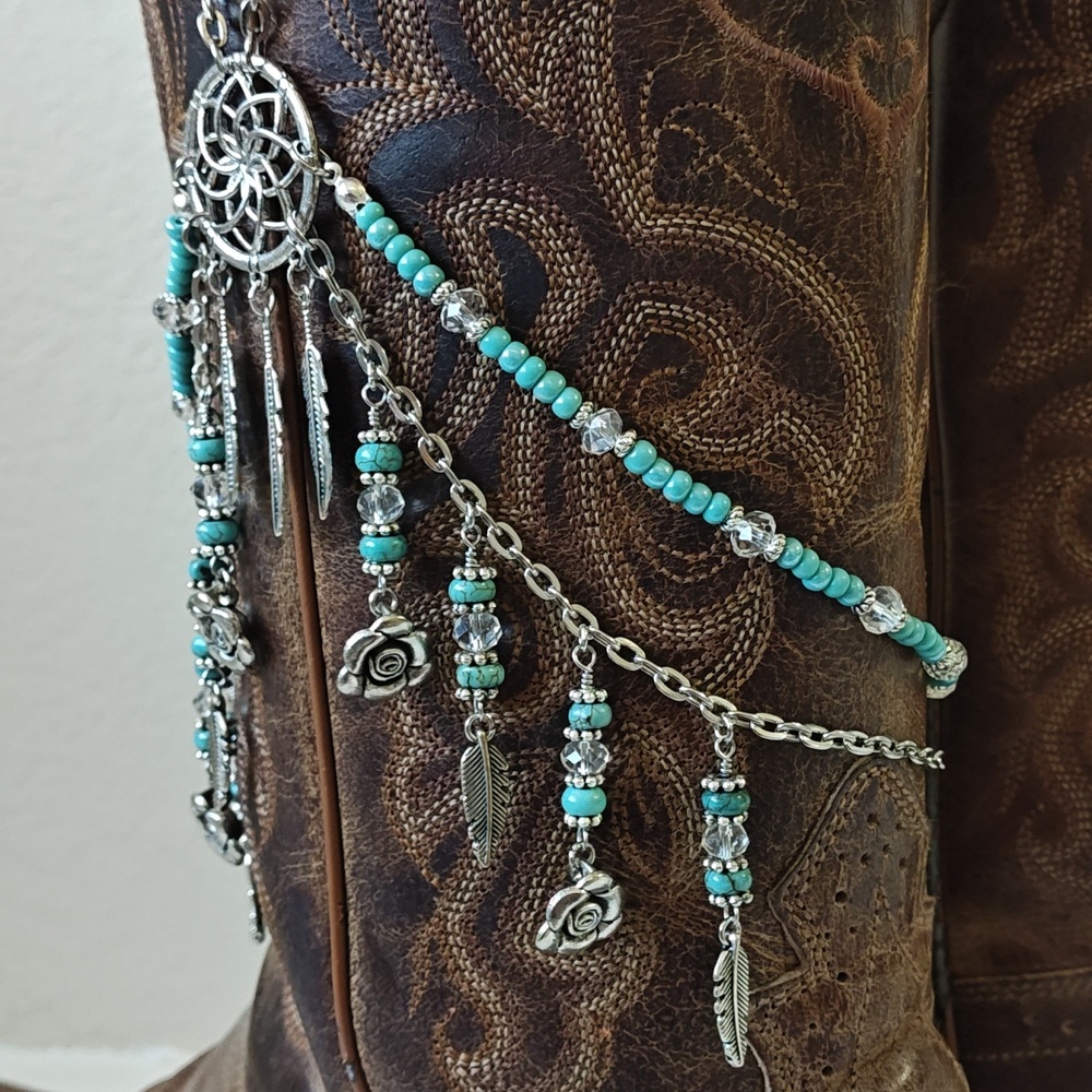 One Of A Kind Turquoise Silver Dreamcatcher Crystal Boot Bracelet Boot Chain - Picture 5 of 8
